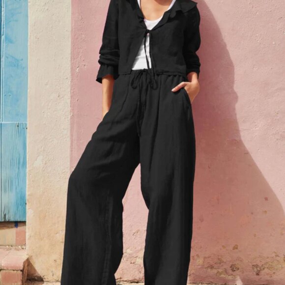 NATION LTD Los Angeles 100%‎ Linen Pants Black  Waist Wide Leg Women’s XS - Picture 1 of 11